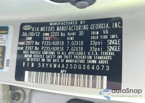 2013 Kia Sorento Sx из США, поврежденный, VIN 5XYKW4A25DG364073